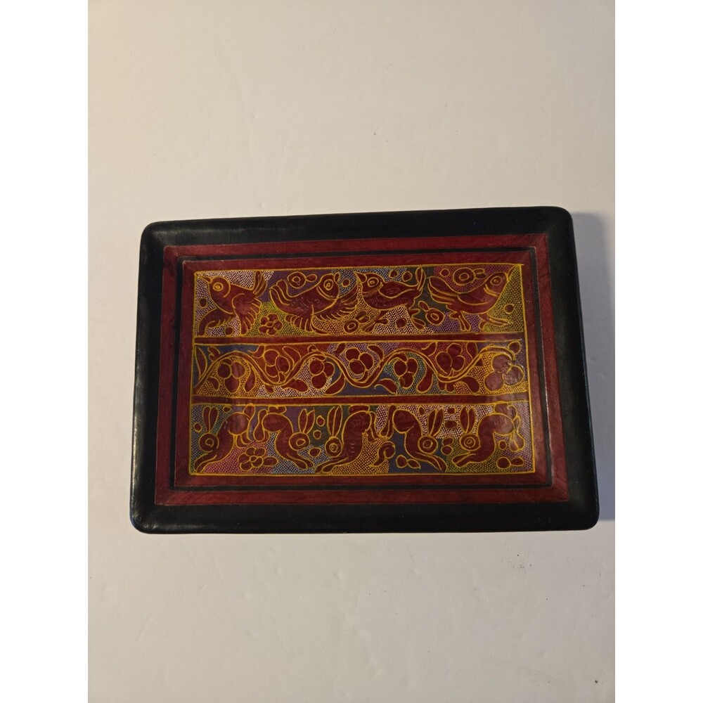 VTG Olinala Mexican Traditional Lacquer Wood Tray Hand Paint Birds Bunnies 7x5"
